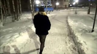 New Year’s Eve night walk in nylon tights without a skirt