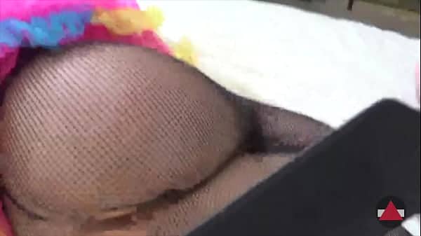 Spanking leads to a cumshot on her fishnets ass