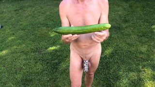 naked pathetic slave outdoor in penis cage during party fucks himself with cucumber, banana, CMNM